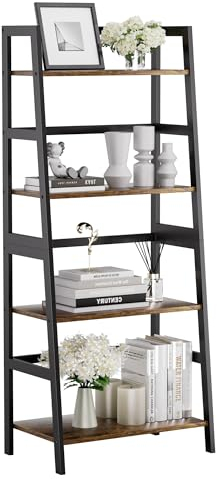 HITNET Estantería de Escalera, Librería de 4 Niveles, Estante de Almacenamiento Independiente para Salón, Baño, Cocina, Oficina en Casa, Marrón Rústico y Negro