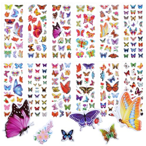 Amabro Confezione da 12 Adesivi Farfalle 3D per Bambini, Adesivo farfalla colorata fiore primaverile adesivi gonfi forniture per feste decorazione per l'aula degli insegnanti di scrapbooking
