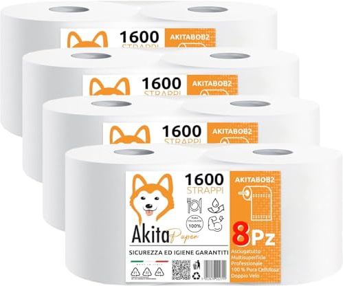 Akitaink 8 Rotoli di Carta Asciugatutto Extra Resistente da 2kg - 6400 Strappi, Lunga Durata, 2 Veli in Pura Cellulosa - Bobina di Carta Assorbente da Cucina Made in Italy