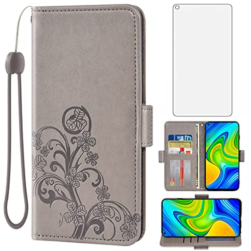 Asuwish Compatible with Xiaomi Redmi Note 9 / Redmi 10X 4G Wallet Case and Tempered Glass Screen Protector Flip Wrist Strap Credit Card Holder Stand Cell Phone Cover for Redme Note9/X10 Women Men Grey