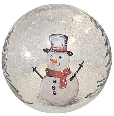 Divas World LED 15cm Crackle Glass Light Snowman Ball Christmas Ornament Garden Decor Battery Operated with Timer Function