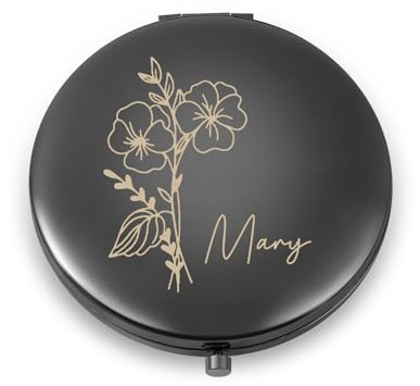 Giftider Personalisierter Schminkspiegel Vergrößerungsspiegel Reisespiegel mit gravierter Geburtstagsblume Taschenspiegel Hochzeitstag Valentinstag Frauen und Mädchen (Schwarz)
