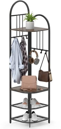 COSTWAY 180CM Garderobenständer Eck, Kleiderständer & Sitzbank & Schuhregal, inkl. 12 Haken, 4 Ebenen Aufbewahrungsregal Garderobe für Eingang, Flur, Wohnzimmer, Schlafzimmer (Schwarz + Vintage)