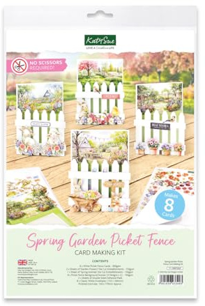 Katy Sue Spring Garden Picket Fence Card Making Kit. Contains 8 Shaped Cards, 3 Sheets of Die-Cut Decoupage, Adhesive Foam Pads, Background Scenes, Instructions & 8 Envelopes for Card Making Supplies