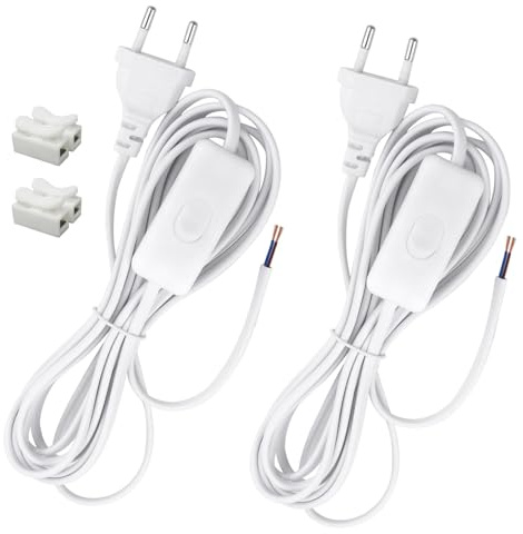 TXErfolg 2 Pièces Cordon avec Interrupteur 3M Câble de Connexion avec Euro Fiche, 2 x 0,5 mm², 2 x Câbles de d'alimentation avec Interrupteur pour Lampes, Lampes de Table, lampadaires(Blanc)