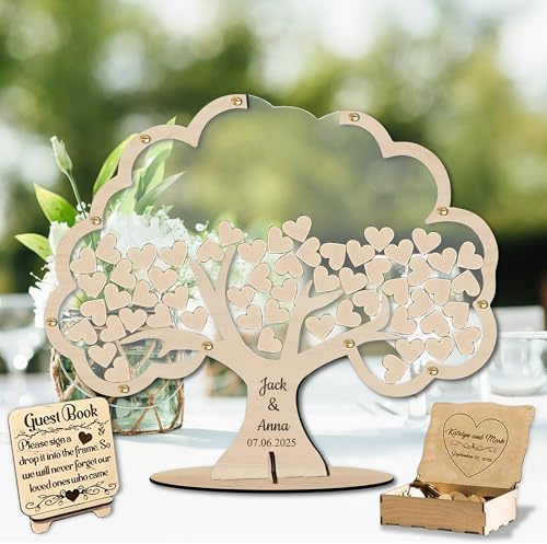JLSKCN Personalisierte Gästebuch Hochzeit aus Holz mit 50-100pcs Hölzernen Herzen, Alternative Hochzeitsgästebuch, Baum des Lebens, Hochzeit, Dekoration, Hochzeitsgeschenk