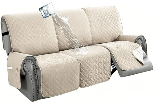 BXFUL 100% Wasserdicht Sesselschoner für Relaxsessel, rutschfest Sofabezug mit Armlehnen und Taschen, Waschbarer Liegestuhlschutz für Hunde, Haustiere, Kinder (Elfenbein,3 Sitzer)