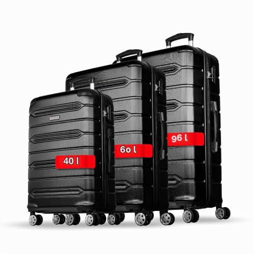 NOWI Kofferset Rhodos – 3-teiliges Koffer Hartschale Set aus ABS mit Zahlenschloss, 4 Doppelrollen, Dehnfalte, 360° drehbar, leicht & robust – Reisekoffer mit Rollen Set in Größe M, L, XL (schwarz)
