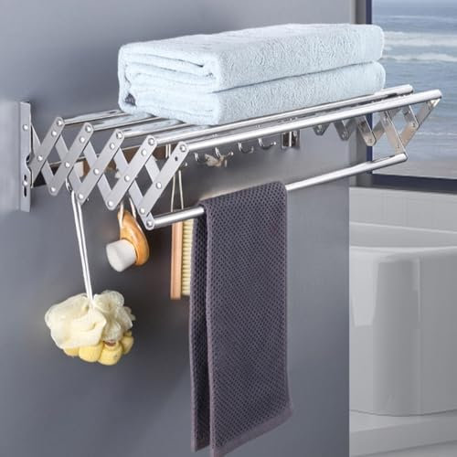 acfeco Wäscheständer Wandmontage Ausziehbar, Wäschetrockner Wand Edelstahl, mit 6 Stangen und 7 Haken, Wandwäschetrockner, Handtuchhalter, für Außen Bad Balkon Wandtrockner