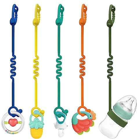 Cadena para chupete de silicona – Correas de juguete ajustables de silicona para bebés y clip de silicona para chupete para cochecitos, tronas, cunas, asientos de coche (multicolor)