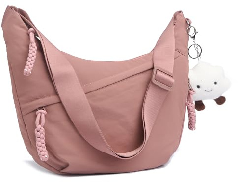 Micmores Sac Bandoulière Femme en Nylon - Sac à Main Élégant avec Bandeau Réglable, Style Moon Bag Demi-Lune pour Travail, Voyage et Quotidien (Rose poudré-Nylon)