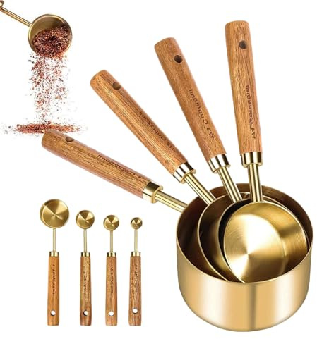 manhegari Juego De Cucharas Y Tazas Medidoras - Cucharas Y Tazas Medidoras De Acero Inoxidable Con Mango De Madera Natural,Conjunto De 8 Piezas Apilables Cuchara De Postre Cucharilla Para Utensilios