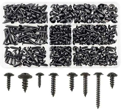 GUPEB 340pcs Viti autofilettanti Nere Testa bombata PWA Croce Testa Tonda con rondella Cuscino M3 M3.5 M4