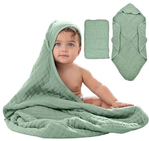 Aurafly Asciugamano con Cappuccio per Bambini, 90x90cm Accappatoio Neonato Ultra Morbido con 25x50cm Panni in Mussola per Bambini, Asciugamano Assorbente a 6 Strati in Mussola per Neonati, Menta