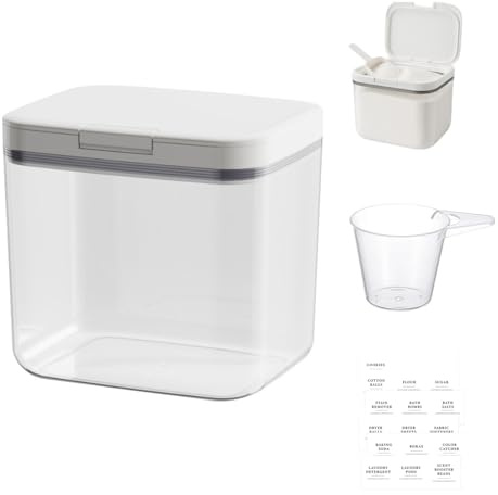Mujiluxe Waschpulver Aufbewahrungsbox,Waschmittelbox,Waschpulver box,4.5l | Inklusive Deckel, waschmittel dosierer und Etikett, Geeignet für Waschmittelkapseln, Mehl und Waschmittel, Transparentweiß