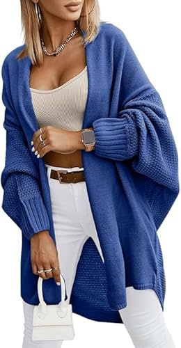 Saodimallsu Cárdigan de punto para mujer de manga larga oversize con frente abierto suéter ligero largo abrigo de punto casual elegante de color sólido pullover, azul, XL