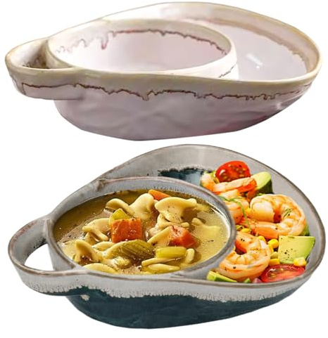 Peosaard Soup Bowls with Handles, 2Pcs Soup Bowls Retro Ceramic Chip and Dip Bowl with Handles Creative & Side Plates for Salad, Dessert, Fruit, 8x7x2inch, Chip and Dip Bowl