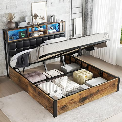 Gxffipw 4ft6 Double Bed Frame with LED Light and Charging Port, Hydraulic Ottoman Bed Double 135x190 cm with Headboard Features a Soft Backrest and Storage Compartments, Black+Wood, No Mattress