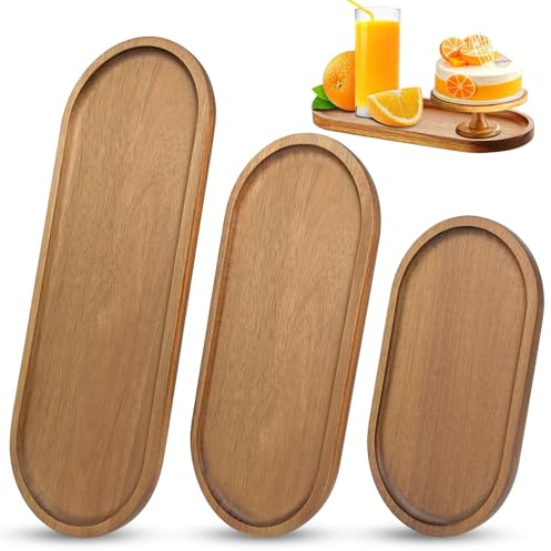 GZcaiyun 3 STK Serviertablett Holz, Ovale Natur Holztablett für Desserts, Snacks und kleine Artikel, Heimdekoration, Cafés, Bars, Restaurants und Konditoreien, 3 Größen