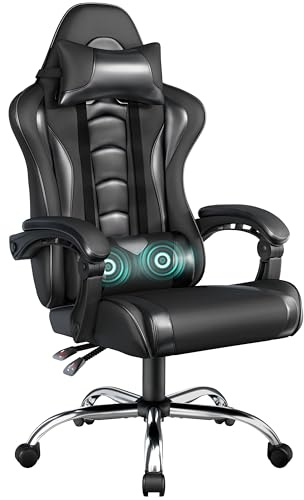 Yaheetech PU Leather Gaming Chair Adjustable Height Recliner Full Black | Wide stable metal star base holds up to 136kg, silent smooth PU rolling casters,with massage lumbar support and footrest