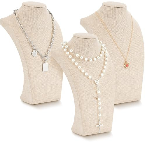 Kigley 3 Pcs Linen Jewelry Display Bust Necklace Display Stand Necklace Mannequin Holder for Jewelry Selling Trade Shows (Beige,9.8 x 3.0 x 5.7 Inches)