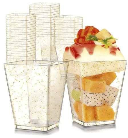 30Pcs Dessert Cups, 5oz/150ml Square Dessert Bowls with Gold Glitter | Reusable Hard Plastic Cheesecake Pots for Puddings Tiramisu Mousses Parfaits Trifles Party