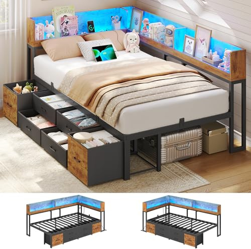 AOGLLATI Schlafsofa 90x200 Jugendbett mit Integriertem Bücherregal & 6 Schubladen,Bett mit Stauraum & LED-Beleuchtung Gästebett Tagesbett Bettgestell mit Lattenrost (Vintage Braun, 90x200cm)