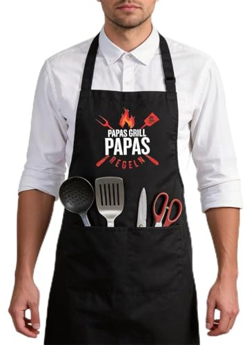 MorLuks Grillschürze Papa, Vatertagsgeschenk für Papa inkl Urkunde, Kochschürze Herren mit Taschen, Grill Schürze für Vatertag Geburtstag Weihnachten Geschenk