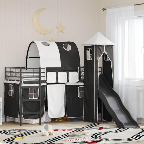 Goyphonic Kinderloftbett Schwarz Metall 75 x 190 cm mit Rutsche Vorhängen und Turm Robustes Kinderbett Spielbett für Schlafzimmer Flexible Nutzung und kreativen Rückzugsort