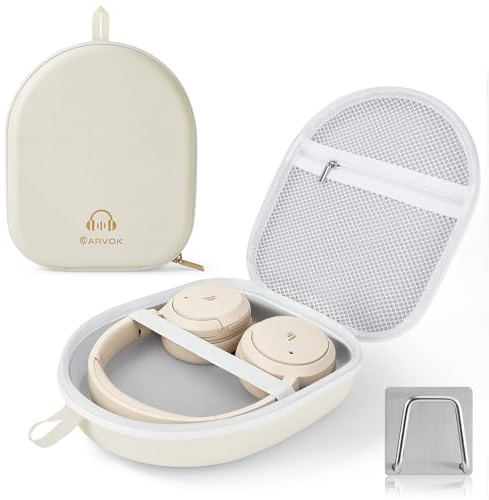 ARVOK Headphone Case Super-Slim PU Hard Shell for Sony/JBL/Bose/Soundcore Anker/BERIBES/KVIDIO/TOZO/JLab Over-Ear Headphones, Universal Travel Portable Bag with Adhesive Hook,Beige