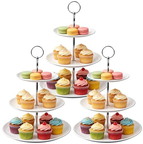 RANJIMA 3-stufige Etagere, Wiederverwendbar Tortenständer runder Tortenständer mit Tragegriff ø14,5/19,5/24,5cm, Höhe 33.5cm Servierplatte für Kuchen Obst Cupcakes für Hochzeit Geburtstag Party, Weiss