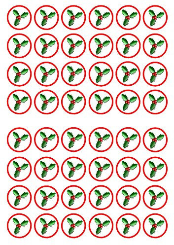 48 Christmas Holly Cupcake Toppers, Weihnachtliche Stechpalme, Oblatenkartendekoration für Weihnachtsfeiern und festliches Backen, 3 cm große Scheiben (ungeschnitten)