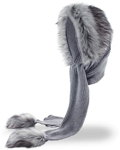 Futrzane Classic Kapuzenschal - Winter Schalmütze Damen - Mützenschal mit Fell (Grau - Silber Classic)
