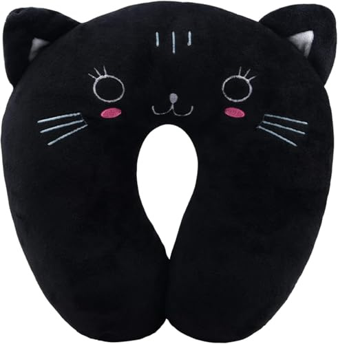 GOTOTOP Kuschelkissen Zum Autofahren U-Shaped Neck Pillow, Schwarze Katze Nackenhörnchen PP-Baumwolle Waschbar Kinder Reisekissen Schlafkissen für Auto Flugzeug, 26 x 28 x 5cm