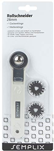 SEMPLIX Rollschneider Mini Ø 28mm 3 Klingen (Gerade-Zacken-Wellen) und Klingenschutz, Stoffschneider für Bastel- und Nähmaterialien (grau)