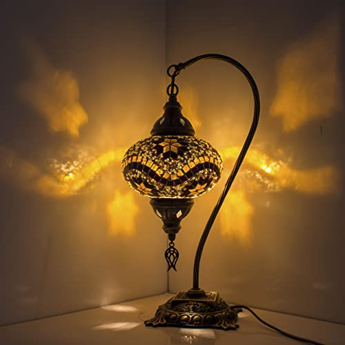 Turkish Mosaic Table Lamp,Stunning Moroccan Style, Unique Globe Lampshade, Swan Neck Series (Brown Stars)