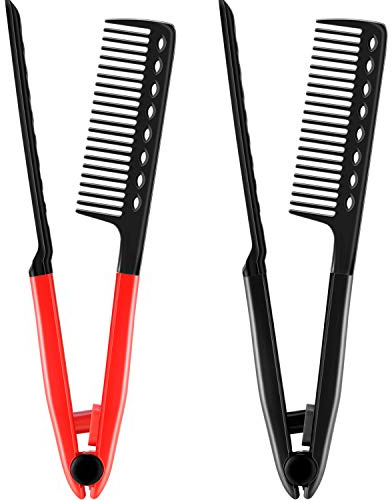 Boao 2 Pcs Flat V-shaped Straightener Comb - Salon Hair Brush for Styling & Straightening (Red, Black)