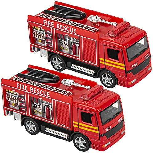 ArtCreativity Diecast Fire Truck Toy, Set of 2 Firetruck Toys 3-5 Years Old, Engine Rescue Trucks, Diecast Toy, Fire Trucks for Toddlers 1-3 with Pullback Mechanism, Great Gift Idea for Boys and Girls