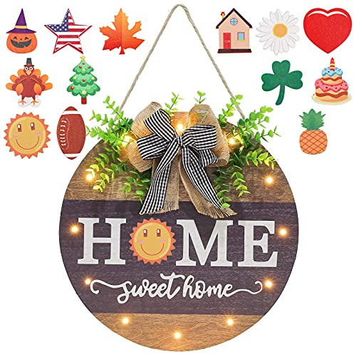 Interchangeable Welcome Sign for Front Door with 14 Changeable Icons, Farmhouse Front Porch Decor Rustic Wooden Wall Sign with 12 LED Lights, Outdoor Seasonal Welcome Home Decorations (Wood home1)