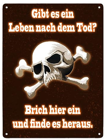 Metallschild XXL in 28x38 cm mit Totenkopf Leben nach dem Tod Einbrecher Warnung Drohung Verbotsschild für Privatgrundstück mit lustiger Drohung und Totenkopfmotiv zur