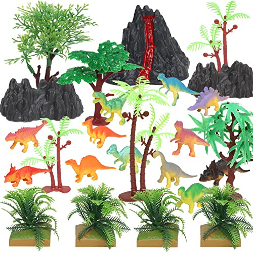 25 Pcs Dinosaur Cake Decorations Mini Dinosaur Figures Plastic Dinosaurs Palm Trees Model Toys Jungle Cupcake Stand Cake Topper Gifts for Boys Party Supplies Craft | Non edible reusable plastic decorations, palm tree models for birthday party, jungle cupcake decor, party supplies pack