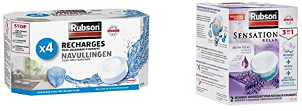 Lot de 2 produits Rubson - Recharges Tab Basic, Recharges anti-humidité et anti-odeur neutres & Sensation Relax, 2 Recharges universelles de 300 gr pour absorbeur d'humidité, Recharge 3-en-1 anti-humidité & anti-odeur