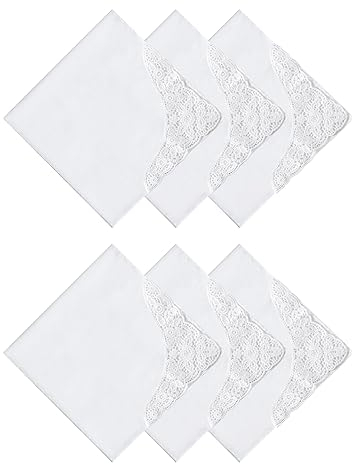 HOULIFE Stofftaschentücher Damen - Taschentuch Hochzeit, Stoff Taschentücher aus Gekämmte Baumwolle Weich Weiße Blumen Stickereien mit Spitzen, 3/6 Stücke, 43x43cm (6, Weiß 3)