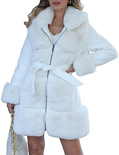 Giolshon Damen Langer Pelzjacke aus Kunstwollmischung mit Gürtel Gepolsterter Bubble Parka Mantel Isolierte Sherpa Fleece Oberbekleidung 241A Beige L