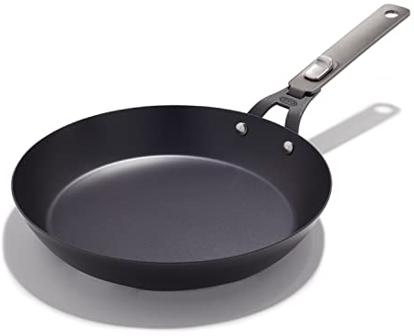 OXO Outdoor Pre-Seasoned Carbon Steel 10 Frying Pan Skillet, Detachable Handle for Easy Storage, Indoor Use, Nonstick with Use, Induction Suitable,Oven & Broiler Safe,Browning, Grill,Sear,Saute,Black