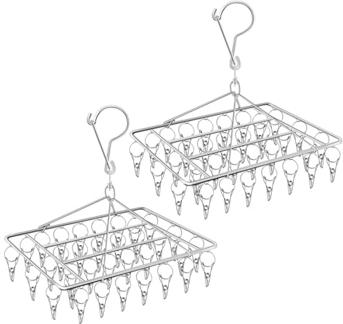 SEGNAYEN 36 Pegs Sock Hanger for Washing Line, Stainless Steel Sock Dryer Underwear Hanger, Rectangle Laundry Drying Rack for Hanging Clothes Underwear Towels Bras Scarves Socks Metal Airer, 2 Pack
