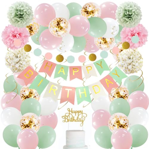Geburtstagsdeko Rosa Mint Grün Gold Luftballons Geburtstag Mädchen Seidenpapier Pompons Hängende Wirbel Gold Papier Girlande Rund Kreis Kit mit Happy Birthday Girlande Tortendeko