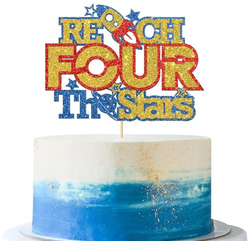 Maicaiffe Reach four the Stars Cake Topper, Kids 4th Birthday - Outer Space Stars Rocket Space Theme 4th Birthday Inspired Story Party Cake Decorations Glitter