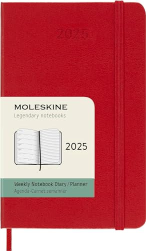 Moleskine Weekly Planner, Agenda Settimanale con Spazio per Note 12 Mesi 2025, Copertina Rigida e Chiusura Elastica, Colore Rosso Scarlatto, Formato Pocket 9x14 cm