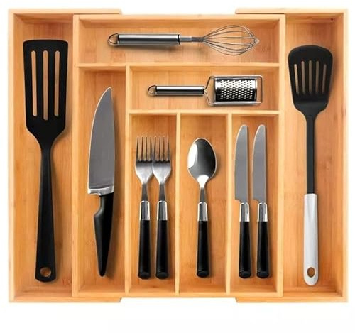 SEVERNO Besteckkasten für Schubladen, Praktischer Küchen Organizer, Aus Bambusholz, Mit 6-8 Fächern, Ausziehbar 33,5-50 x 55 x 5 cm, Robuste und feuchtigkeitsresistente Konstruktion